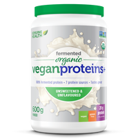 Front label image of Genuine Health fermented organic vegan proteins unflavoured and unsweetened 600g tub