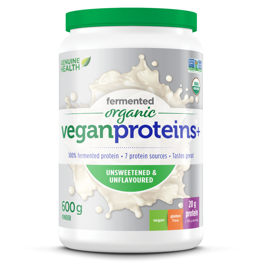Front label image of Genuine Health fermented organic vegan proteins unflavoured and unsweetened 600g tub
