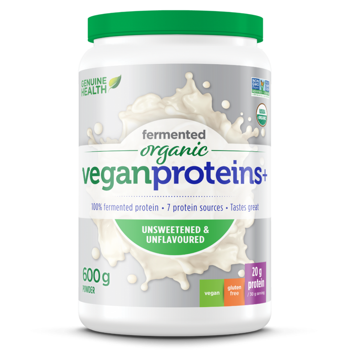Front label image of Genuine Health fermented organic vegan proteins unflavoured and unsweetened 600g tub