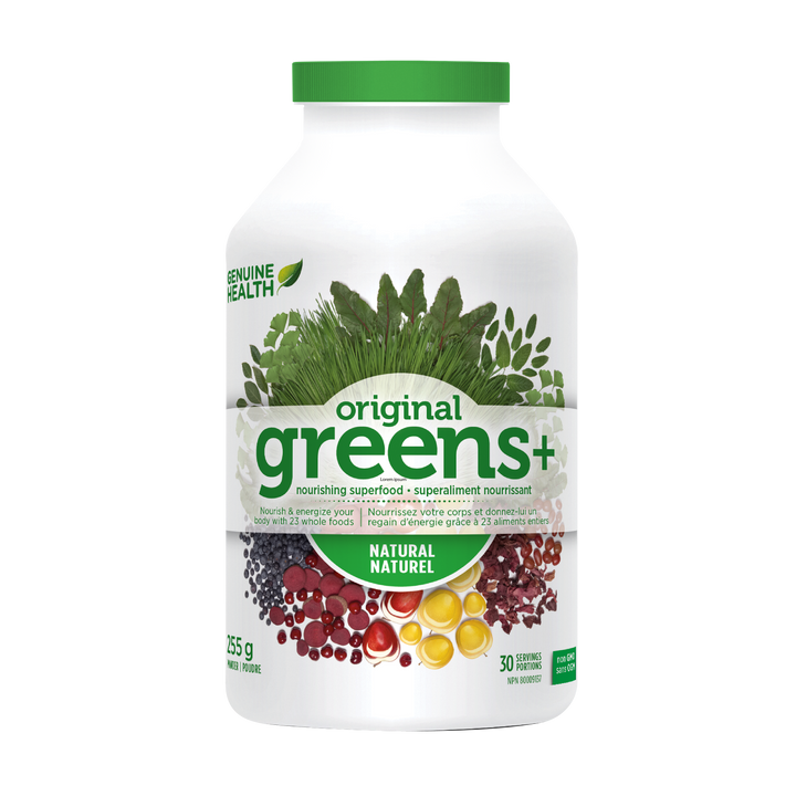 Front label image for Genuine Health original greens+ 255g tub