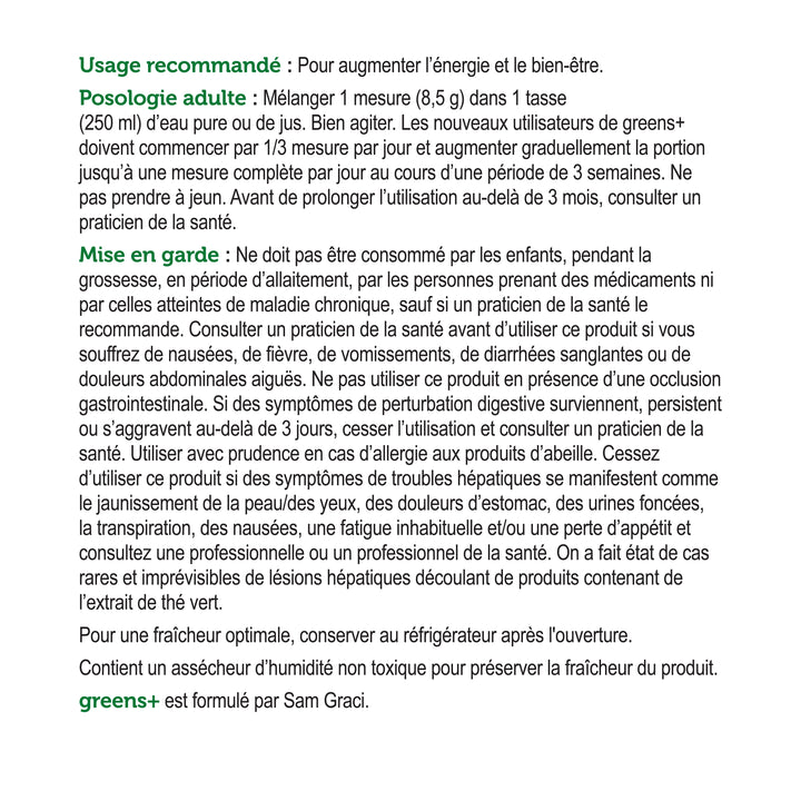 label Genuine Health original greens+ recommended use and caution in French