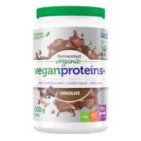 Front label image of Genuine Health fermented organic vegan proteins chocolate 600g tub