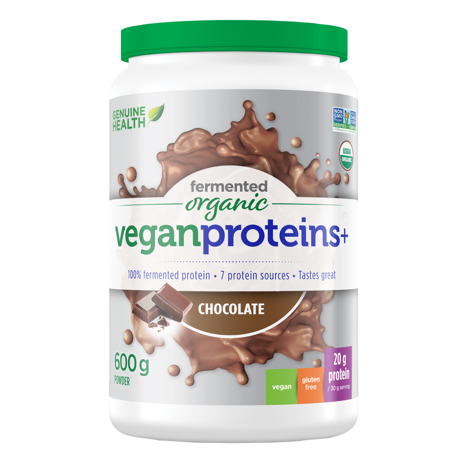 Front label image of Genuine Health fermented organic vegan proteins chocolate 600g tub