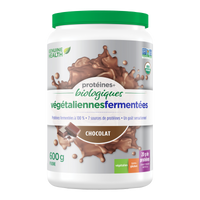 Front label image of Genuine Health fermented organic vegan proteins chocolate 600g tub French