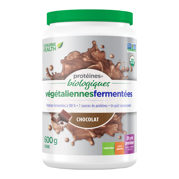 Front label image of Genuine Health fermented organic vegan proteins chocolate 600g tub French