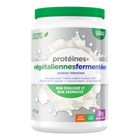 Front label image of Genuine Health fermented organic vegan proteins unflavoured and unsweetened 600g tub French