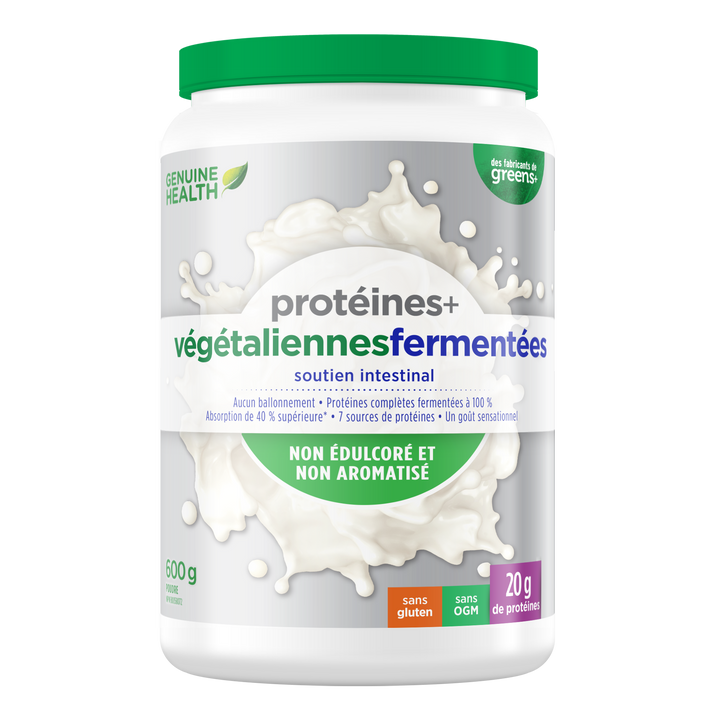Front label image of Genuine Health fermented organic vegan proteins unflavoured and unsweetened 600g tub French