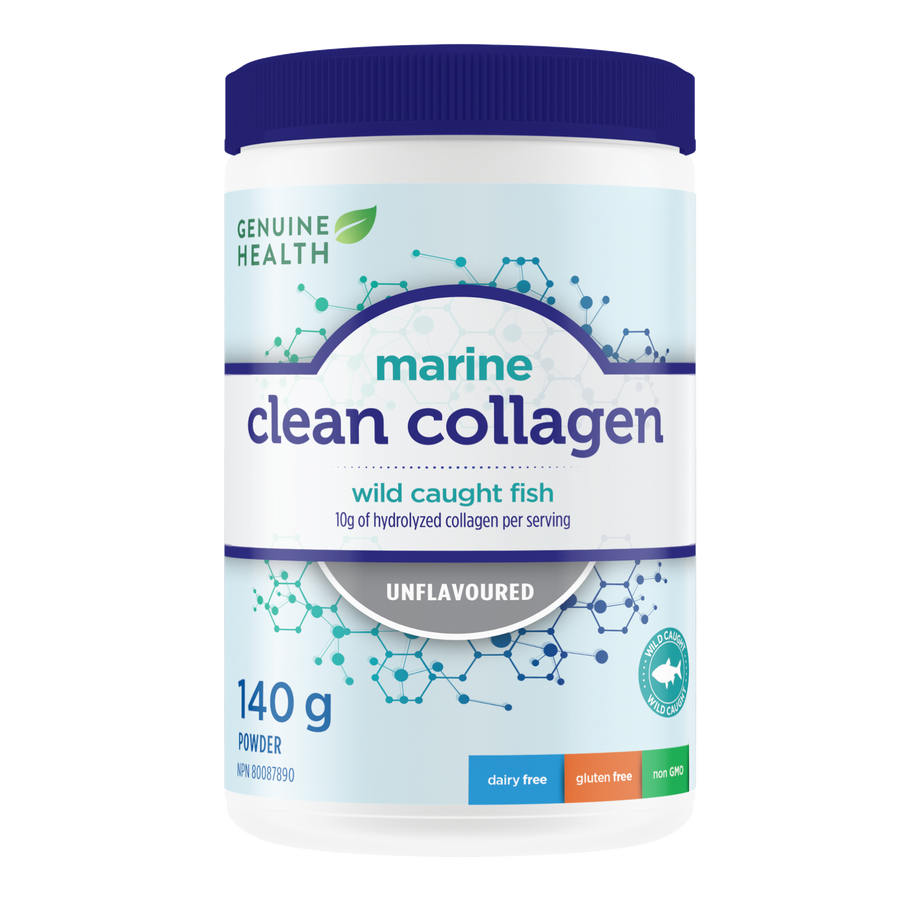 Front label image of Genuine Health marine clean collagen unflavoured 140g tub