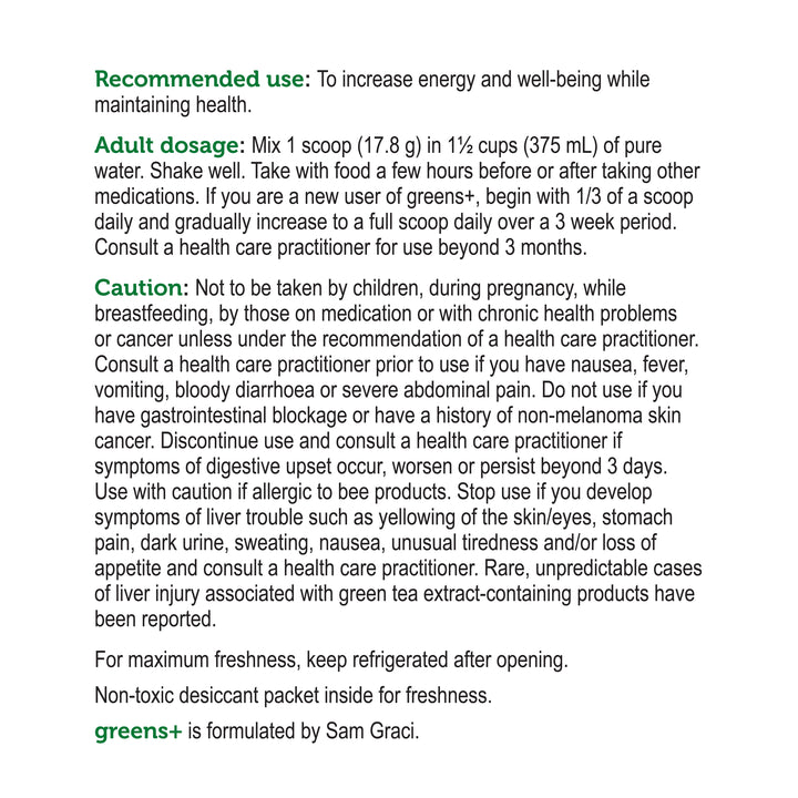 label Genuine Health greens+ multivitamin natural mixed fruit recommended use and cautions