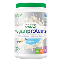 Front label image of Genuine Health fermented organic vegan proteins vanilla 900g tub
