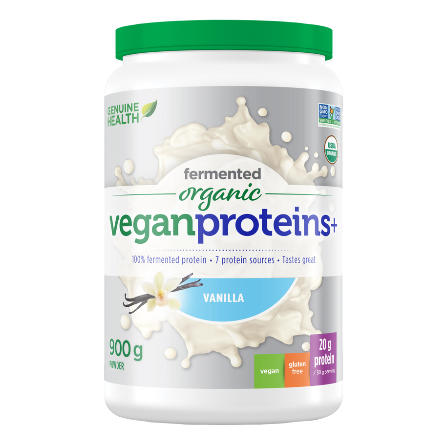 Front label image of Genuine Health fermented organic vegan proteins vanilla 900g tub