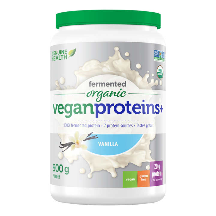 Front label image of Genuine Health fermented organic vegan proteins vanilla 900g tub