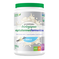 Front label image of Genuine Health fermented organic vegan proteins vanilla 900g tub French