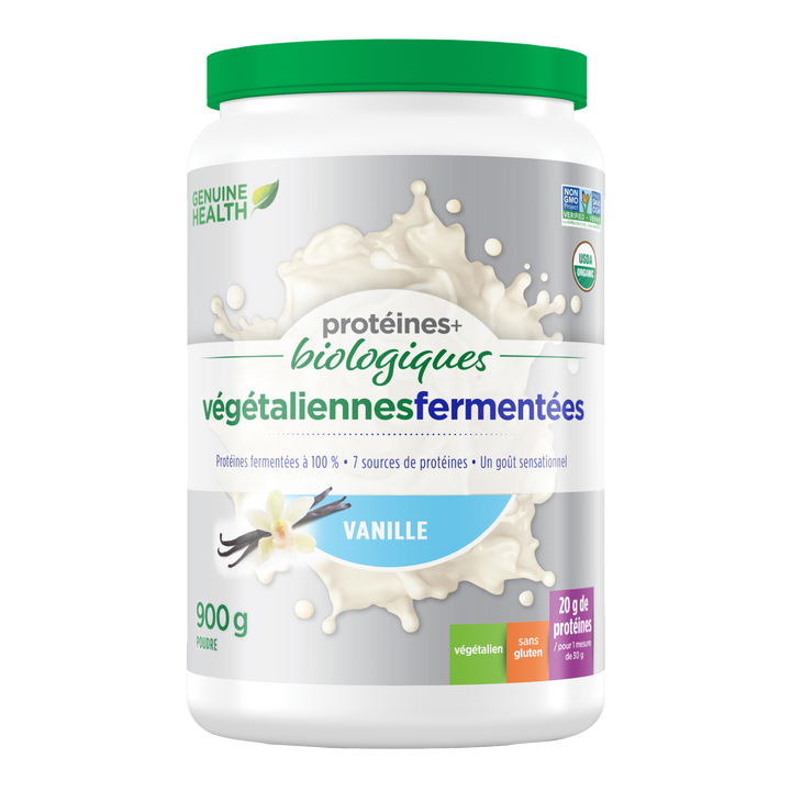 Front label image of Genuine Health fermented organic vegan proteins vanilla 900g tub French