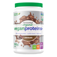 Front label image of Genuine Health fermented organic vegan proteins chocolate 900g tub