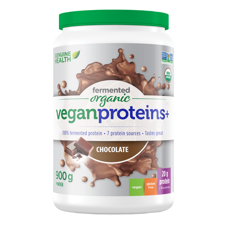 Front label image of Genuine Health fermented organic vegan proteins chocolate 900g tub