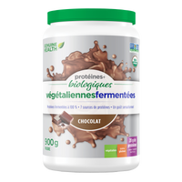 Front label image of Genuine Health fermented organic vegan proteins chocolate 900g tub French