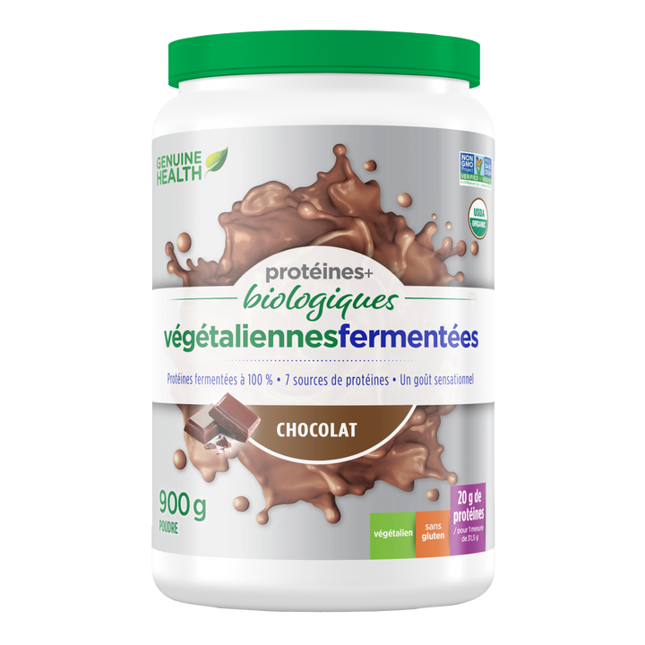 Front label image of Genuine Health fermented organic vegan proteins chocolate 900g tub French