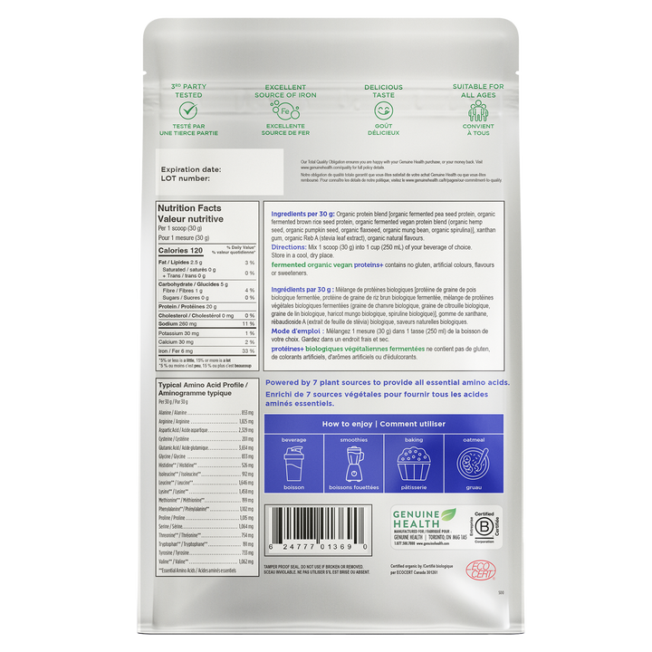 <B> NEW </B> fermented organic vegan proteins+ vanilla, 10 servings gusset bag