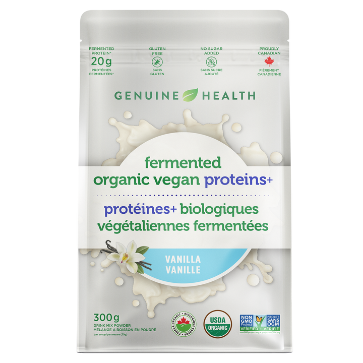 <B> NEW </B> fermented organic vegan proteins+ vanilla, 10 servings gusset bag