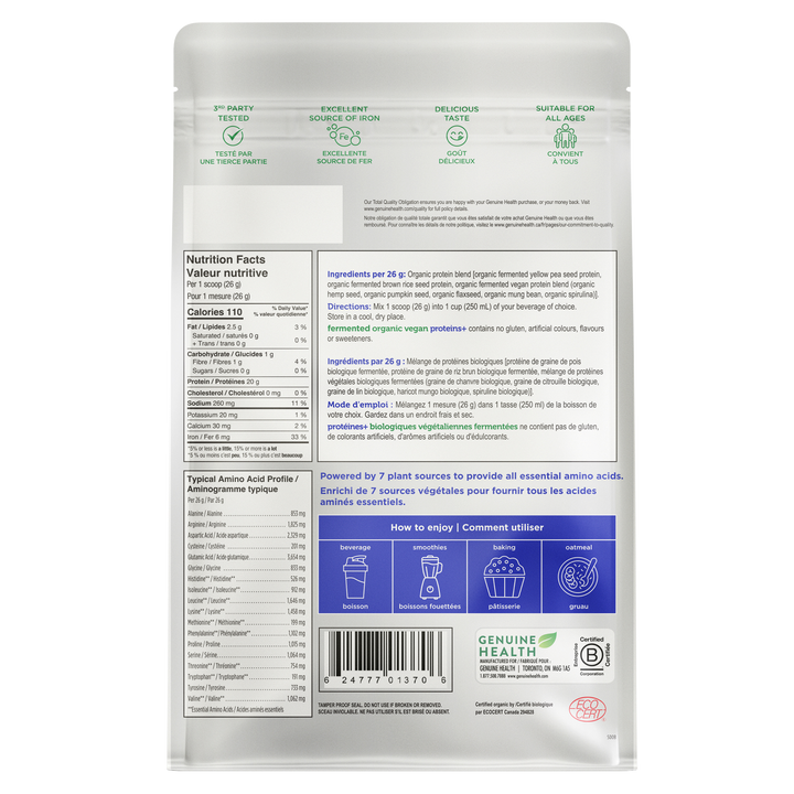 <b> NEW </B> fermented organic vegan proteins+ unflavoured unsweetened, stevia free, 10 servings gusset bag