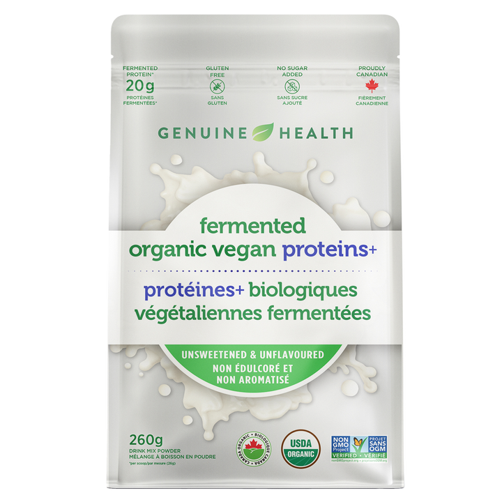 <b> NEW </B> fermented organic vegan proteins+ unflavoured unsweetened, stevia free, 10 servings gusset bag