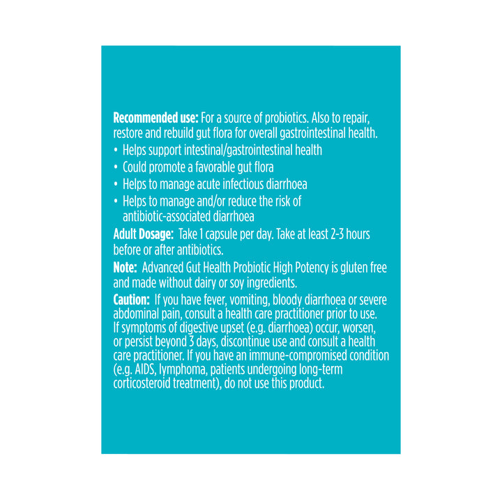 advanced gut health probiotic high potency 100 billion, 20 capsules